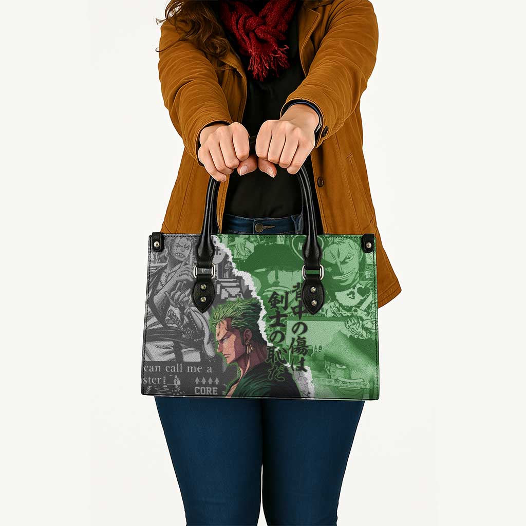 Zoro One Piece Green Theme Leather Bag with Manga Collage and Dual Portrait Swordmaster Design - The Mazicc
