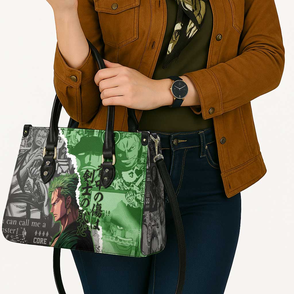 Zoro One Piece Green Theme Leather Bag with Manga Collage and Dual Portrait Swordmaster Design - The Mazicc