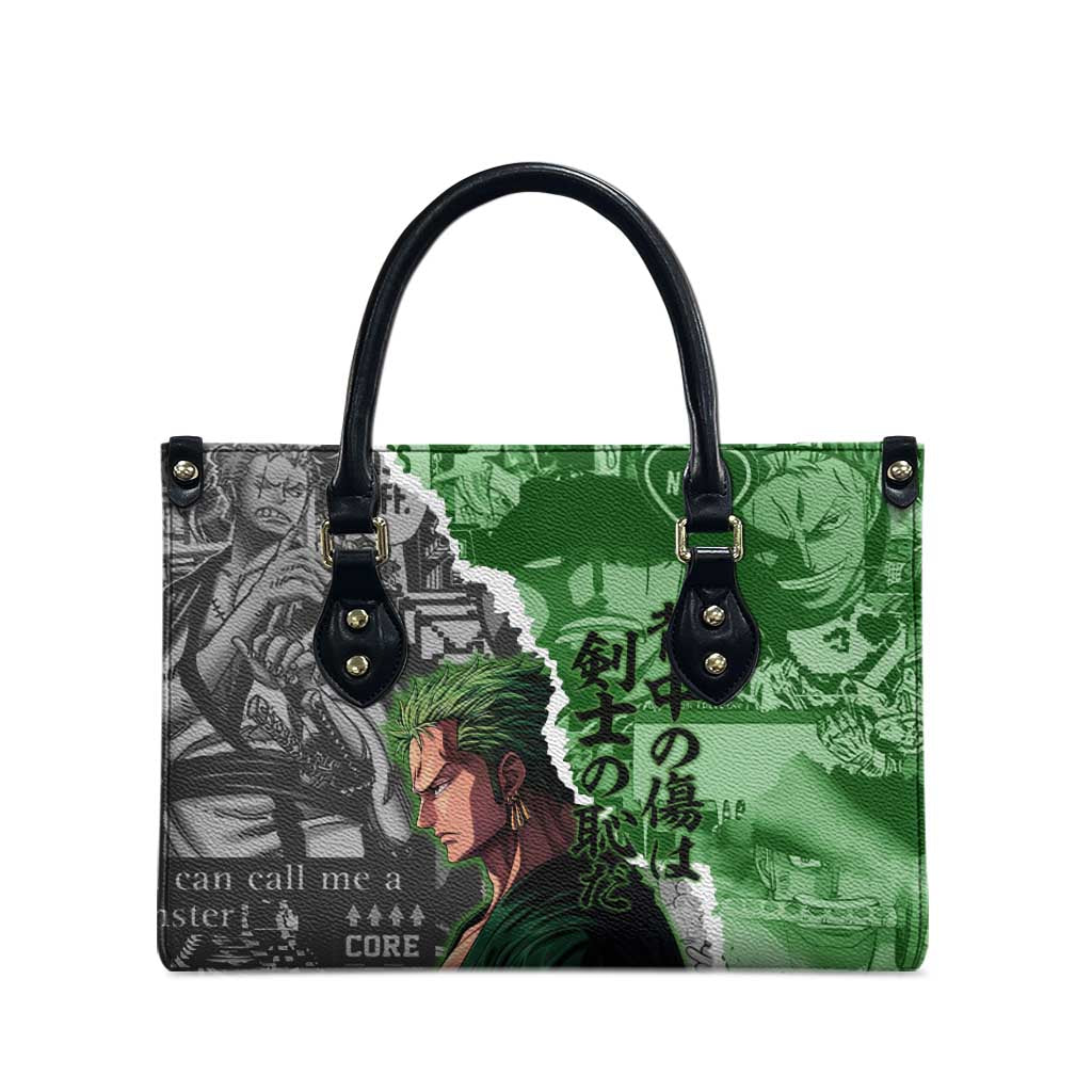Zoro One Piece Green Theme Leather Bag with Manga Collage and Dual Portrait Swordmaster Design - The Mazicc