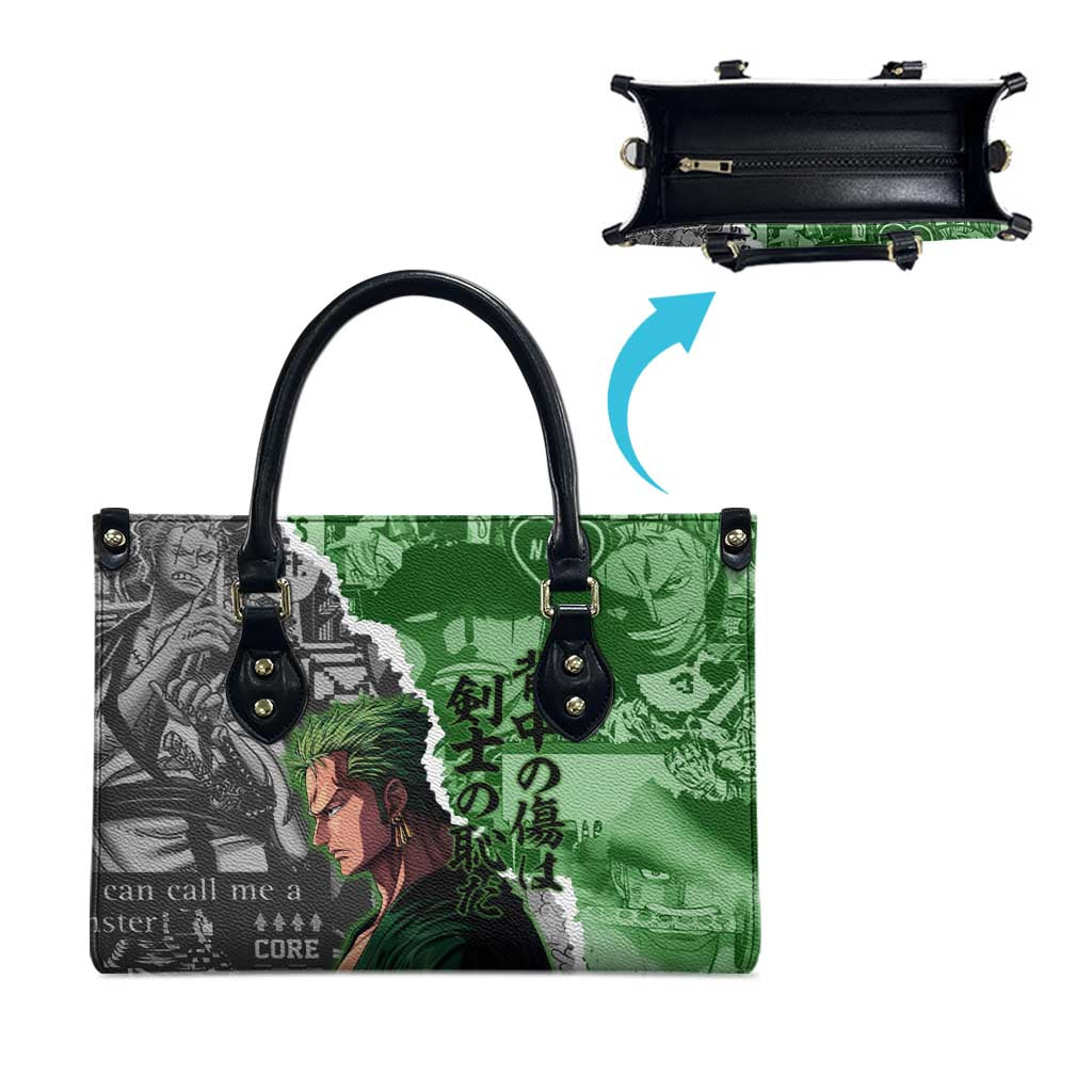 Zoro One Piece Green Theme Leather Bag with Manga Collage and Dual Portrait Swordmaster Design - The Mazicc