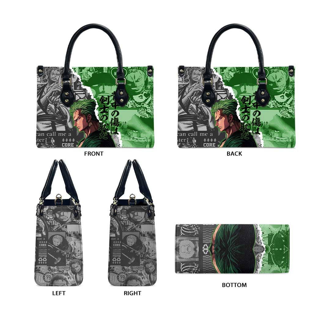Zoro One Piece Green Theme Leather Bag with Manga Collage and Dual Portrait Swordmaster Design - The Mazicc