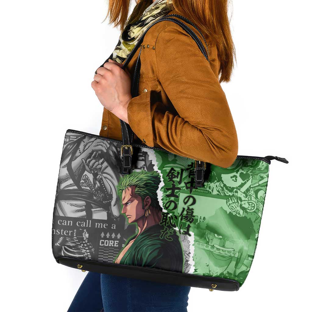 Zoro One Piece Green Theme Leather Tote Bag with Manga Collage and Dual Portrait Swordmaster Design - The Mazicc