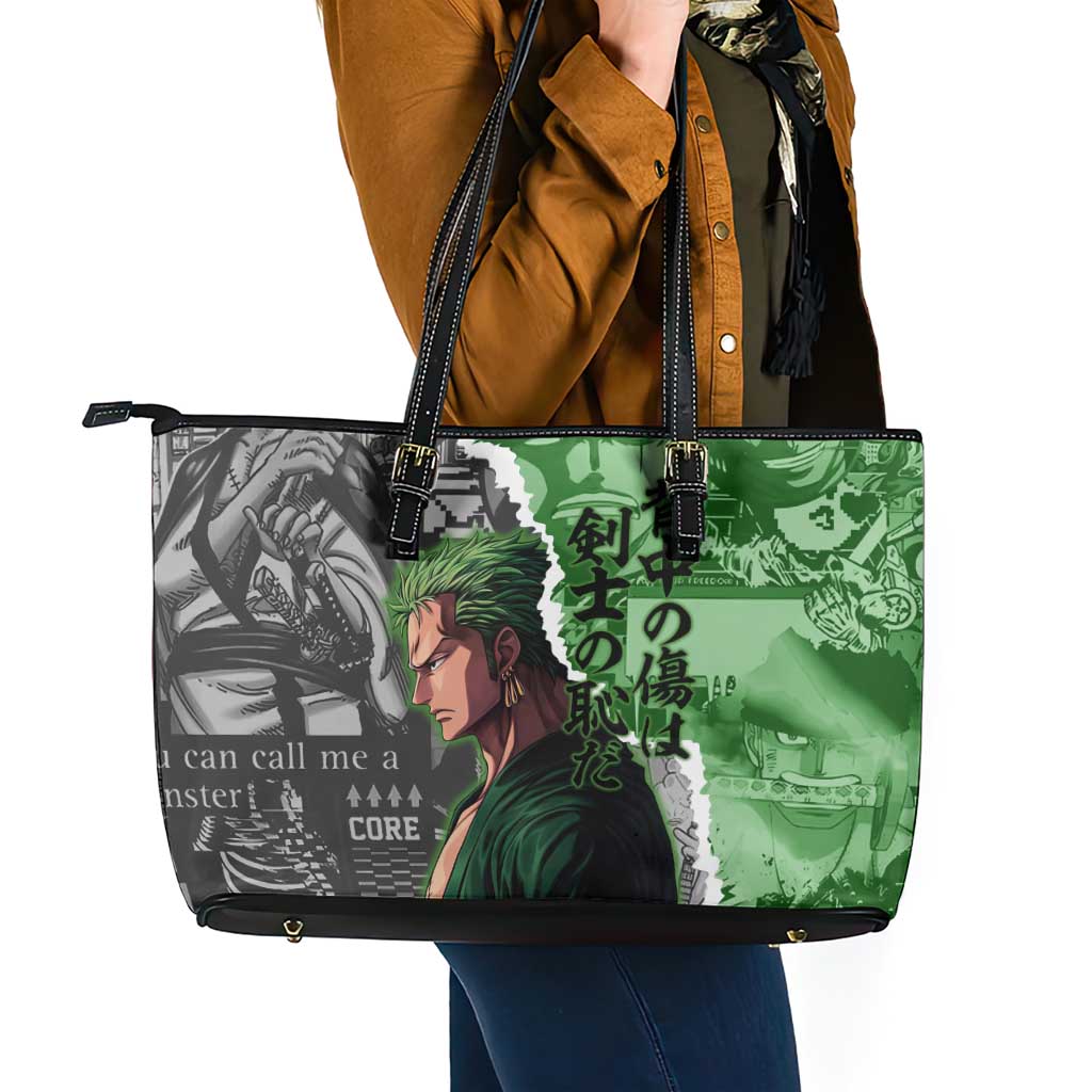 Zoro One Piece Green Theme Leather Tote Bag with Manga Collage and Dual Portrait Swordmaster Design - The Mazicc