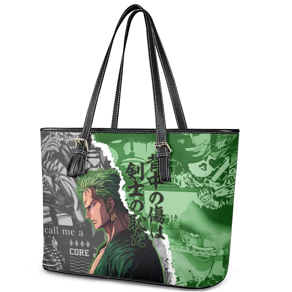 Zoro One Piece Green Theme Leather Tote Bag with Manga Collage and Dual Portrait Swordmaster Design - The Mazicc