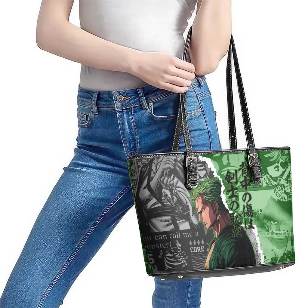 Zoro One Piece Green Theme Leather Tote Bag with Manga Collage and Dual Portrait Swordmaster Design - The Mazicc