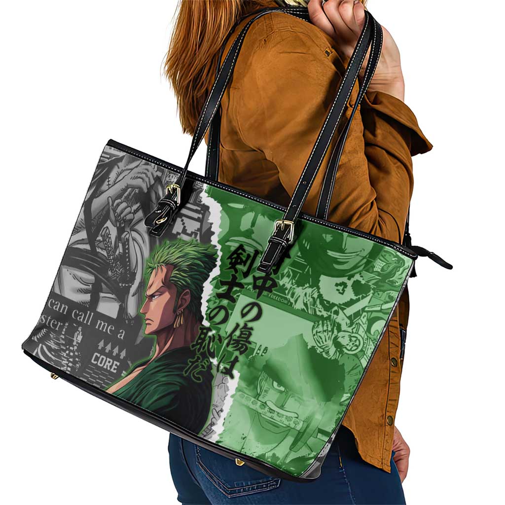 Zoro One Piece Green Theme Leather Tote Bag with Manga Collage and Dual Portrait Swordmaster Design - The Mazicc
