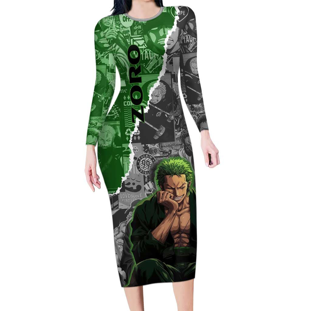 Zoro One Piece Green Theme Long Sleeve Bodycon Dress with Manga Collage and Dual Portrait Swordmaster Design - The Mazicc