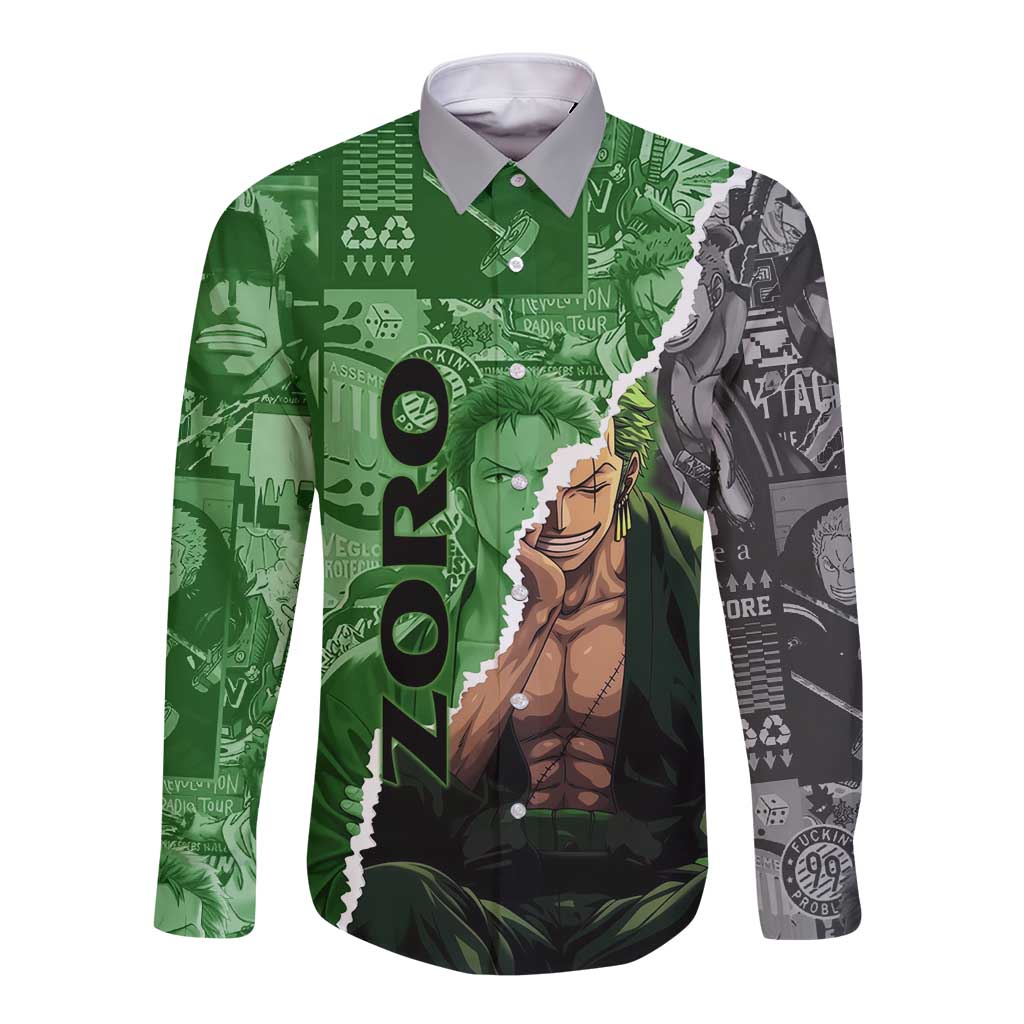 Zoro One Piece Green Theme Long Sleeve Button Shirt with Manga Collage and Dual Portrait Swordmaster Design - The Mazicc