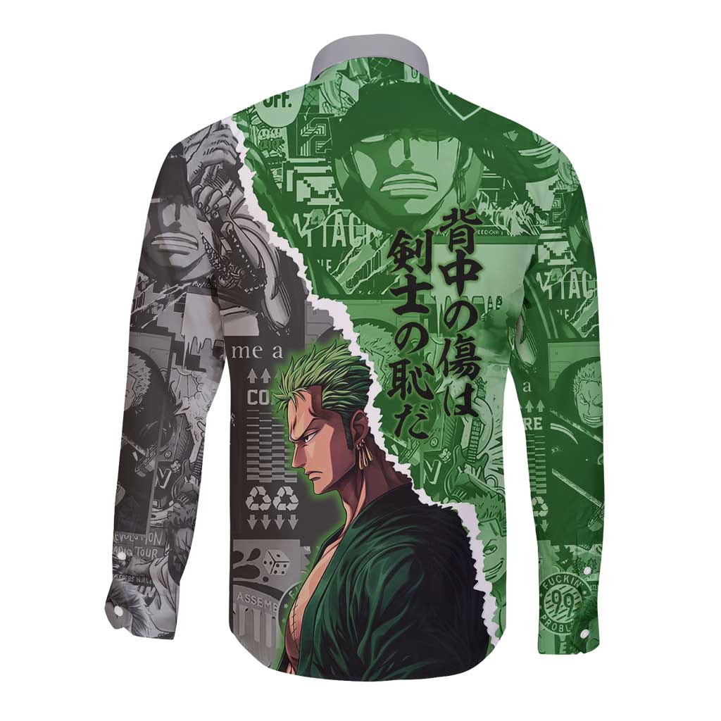 Zoro One Piece Green Theme Long Sleeve Button Shirt with Manga Collage and Dual Portrait Swordmaster Design - The Mazicc