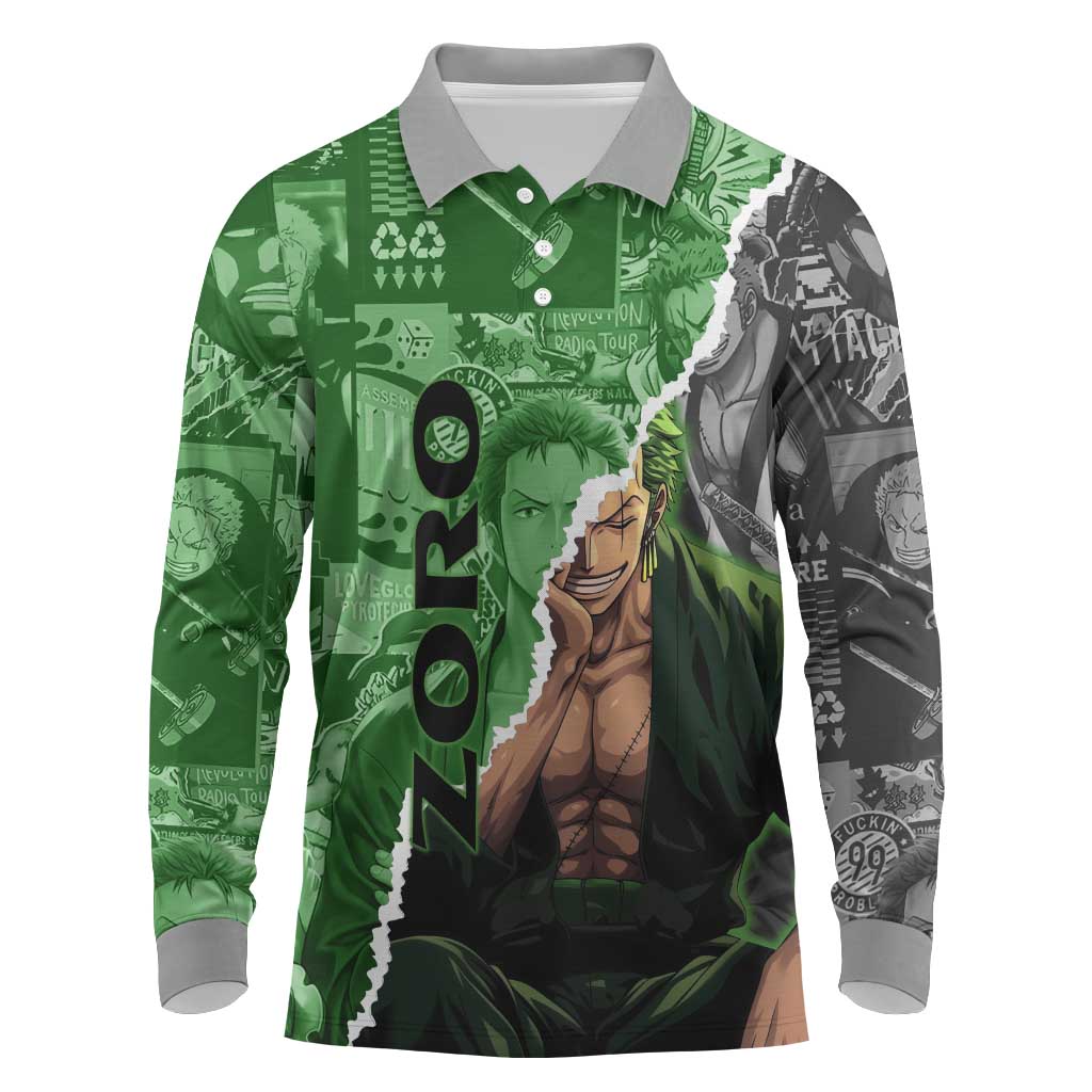 Zoro One Piece Green Theme Long Sleeve Polo Shirt with Manga Collage and Dual Portrait Swordmaster Design - The Mazicc