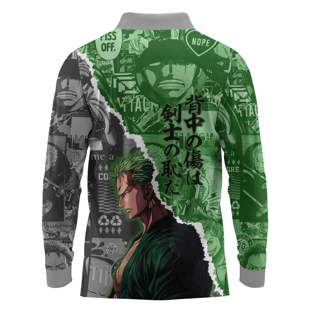 Zoro One Piece Green Theme Long Sleeve Polo Shirt with Manga Collage and Dual Portrait Swordmaster Design - The Mazicc