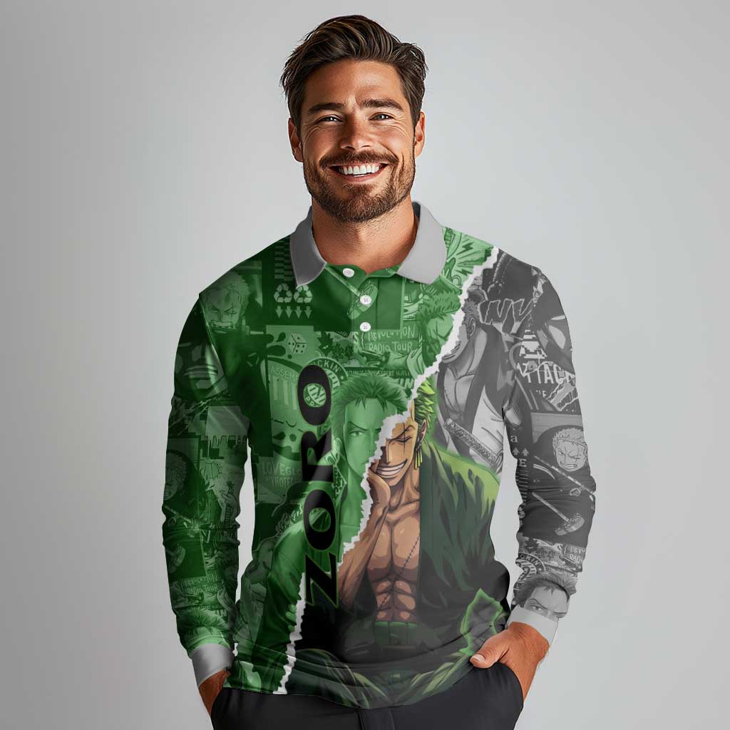Zoro One Piece Green Theme Long Sleeve Polo Shirt with Manga Collage and Dual Portrait Swordmaster Design - The Mazicc