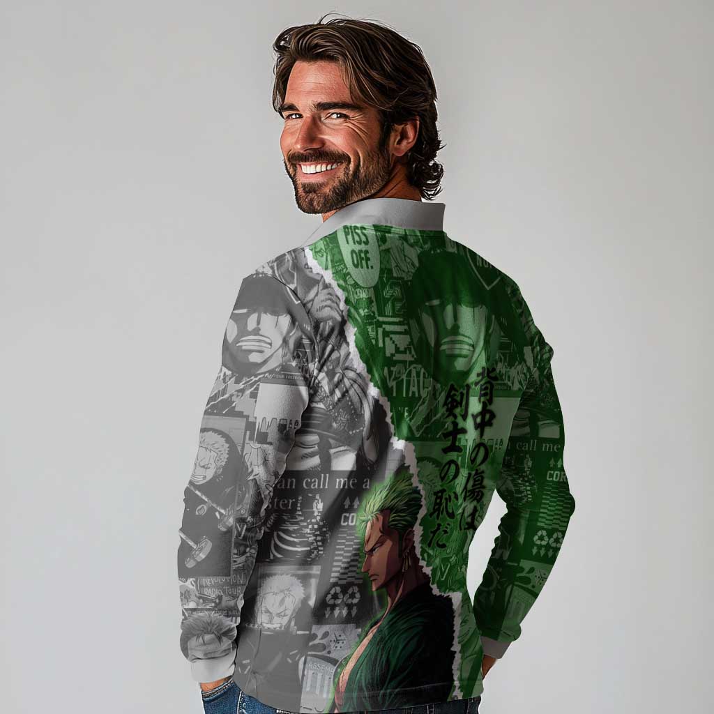 Zoro One Piece Green Theme Long Sleeve Polo Shirt with Manga Collage and Dual Portrait Swordmaster Design - The Mazicc