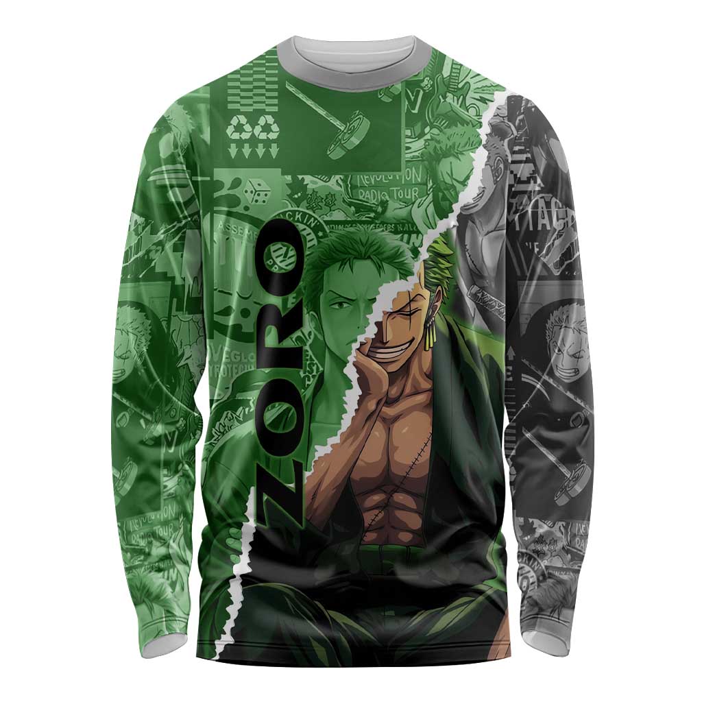 Zoro One Piece Green Theme Long Sleeve Shirt with Manga Collage and Dual Portrait Swordmaster Design - The Mazicc