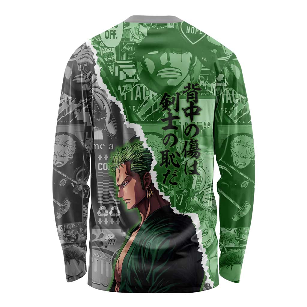 Zoro One Piece Green Theme Long Sleeve Shirt with Manga Collage and Dual Portrait Swordmaster Design - The Mazicc