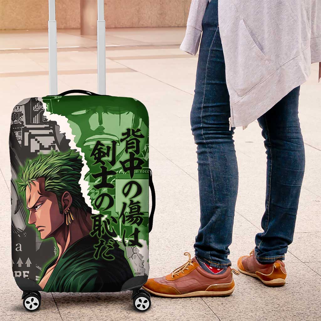 Zoro One Piece Green Theme Luggage Cover with Manga Collage and Dual Portrait Swordmaster Design - The Mazicc