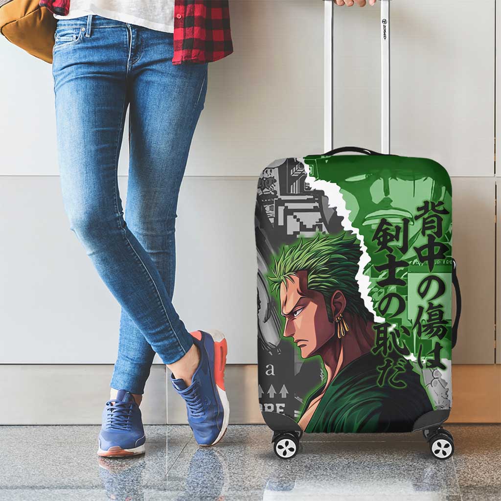 Zoro One Piece Green Theme Luggage Cover with Manga Collage and Dual Portrait Swordmaster Design - The Mazicc