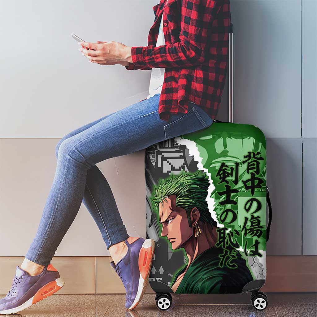 Zoro One Piece Green Theme Luggage Cover with Manga Collage and Dual Portrait Swordmaster Design - The Mazicc