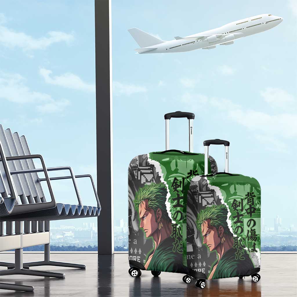 Zoro One Piece Green Theme Luggage Cover with Manga Collage and Dual Portrait Swordmaster Design - The Mazicc