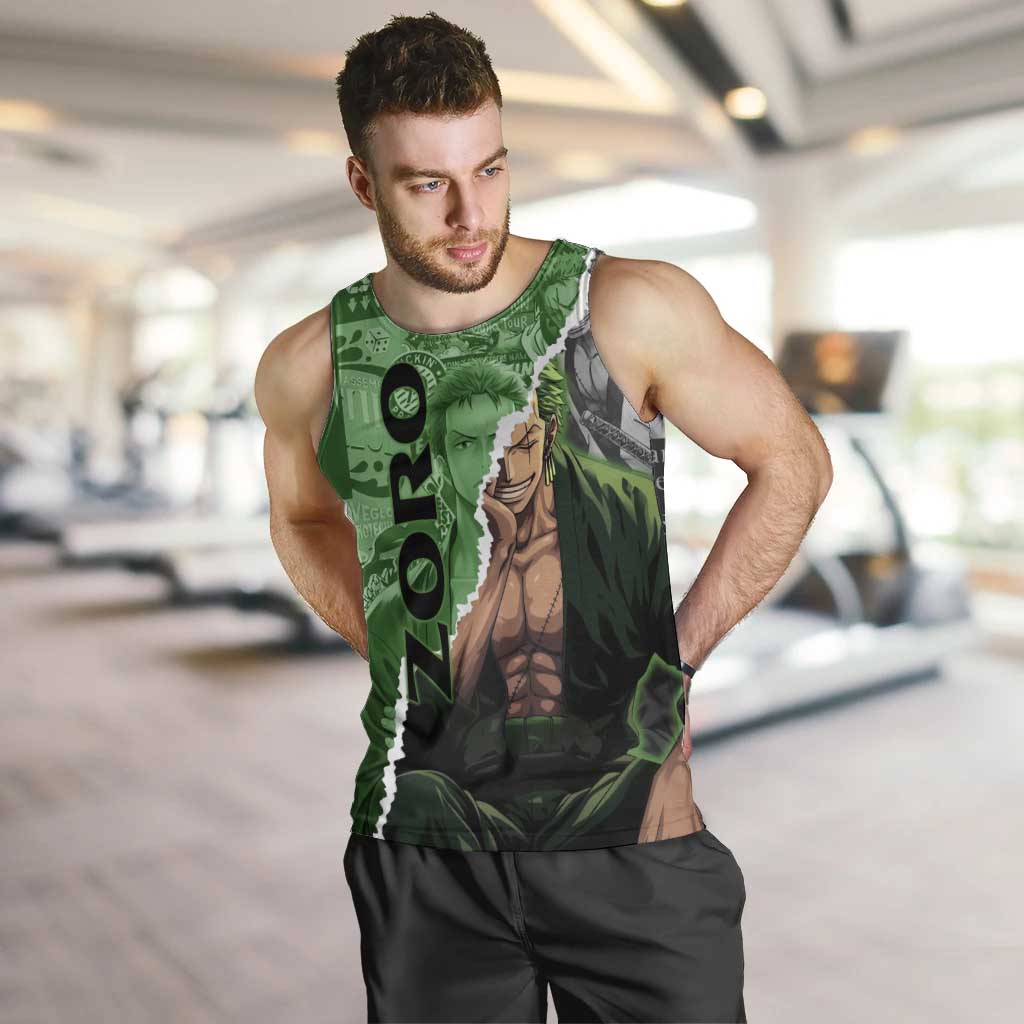 Zoro One Piece Green Theme Men Tank Top with Manga Collage and Dual Portrait Swordmaster Design - The Mazicc