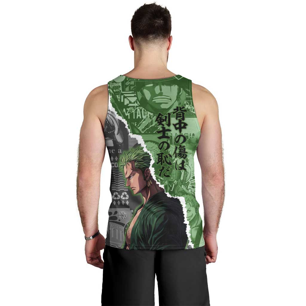 Zoro One Piece Green Theme Men Tank Top with Manga Collage and Dual Portrait Swordmaster Design - The Mazicc