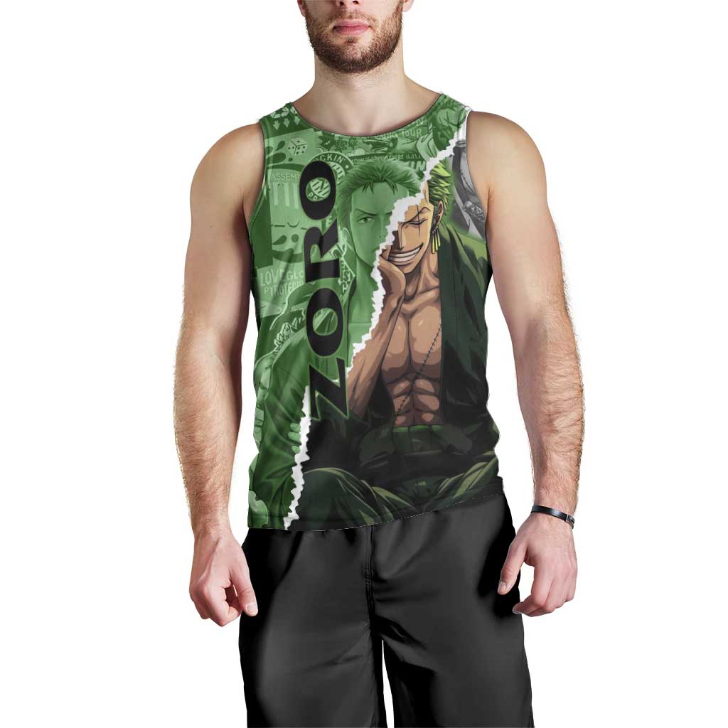 Zoro One Piece Green Theme Men Tank Top with Manga Collage and Dual Portrait Swordmaster Design - The Mazicc