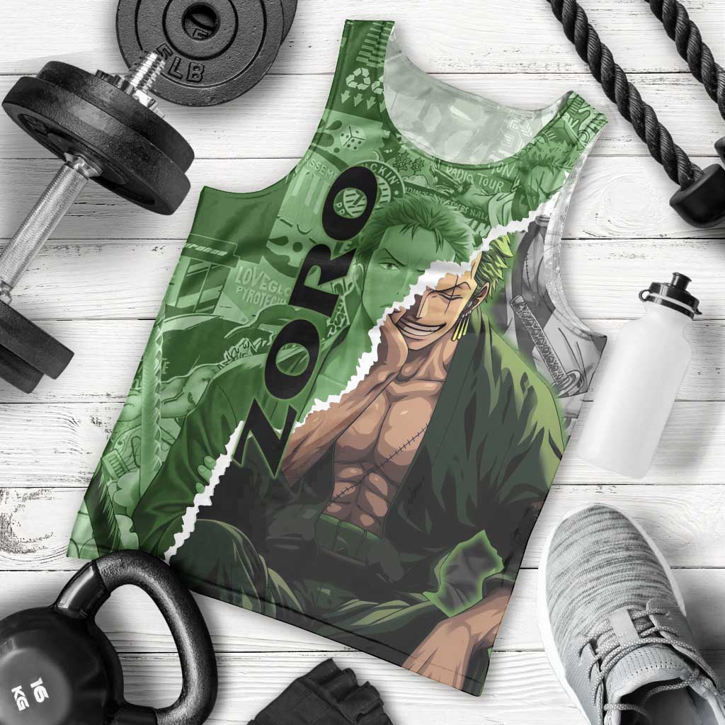 Zoro One Piece Green Theme Men Tank Top with Manga Collage and Dual Portrait Swordmaster Design - The Mazicc