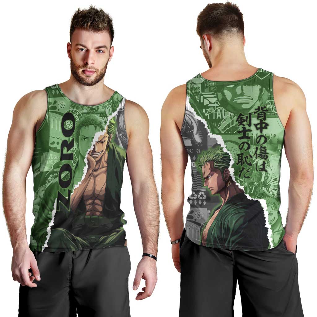 Zoro One Piece Green Theme Men Tank Top with Manga Collage and Dual Portrait Swordmaster Design - The Mazicc