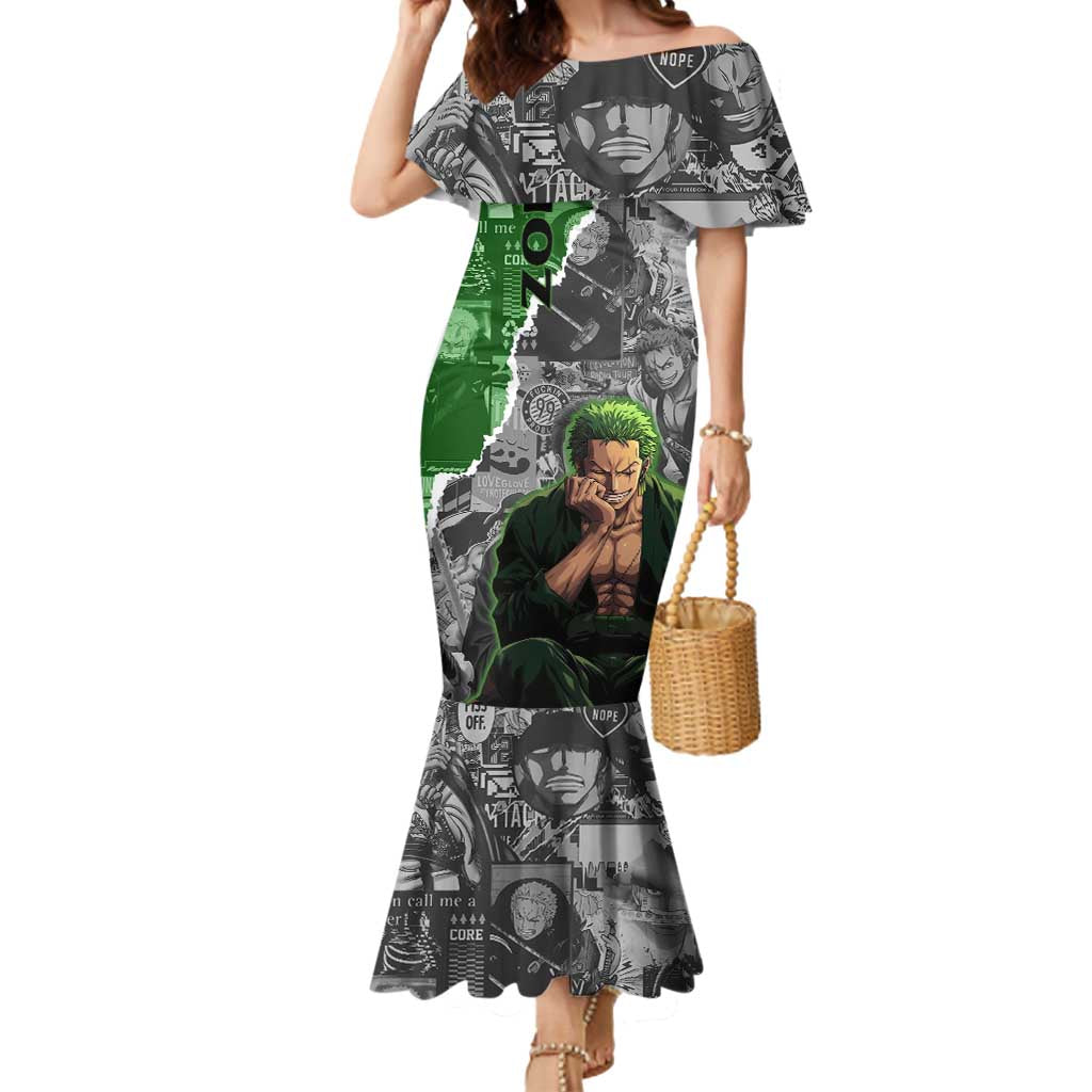 Zoro One Piece Green Theme Mermaid Dress with Manga Collage and Dual Portrait Swordmaster Design - The Mazicc