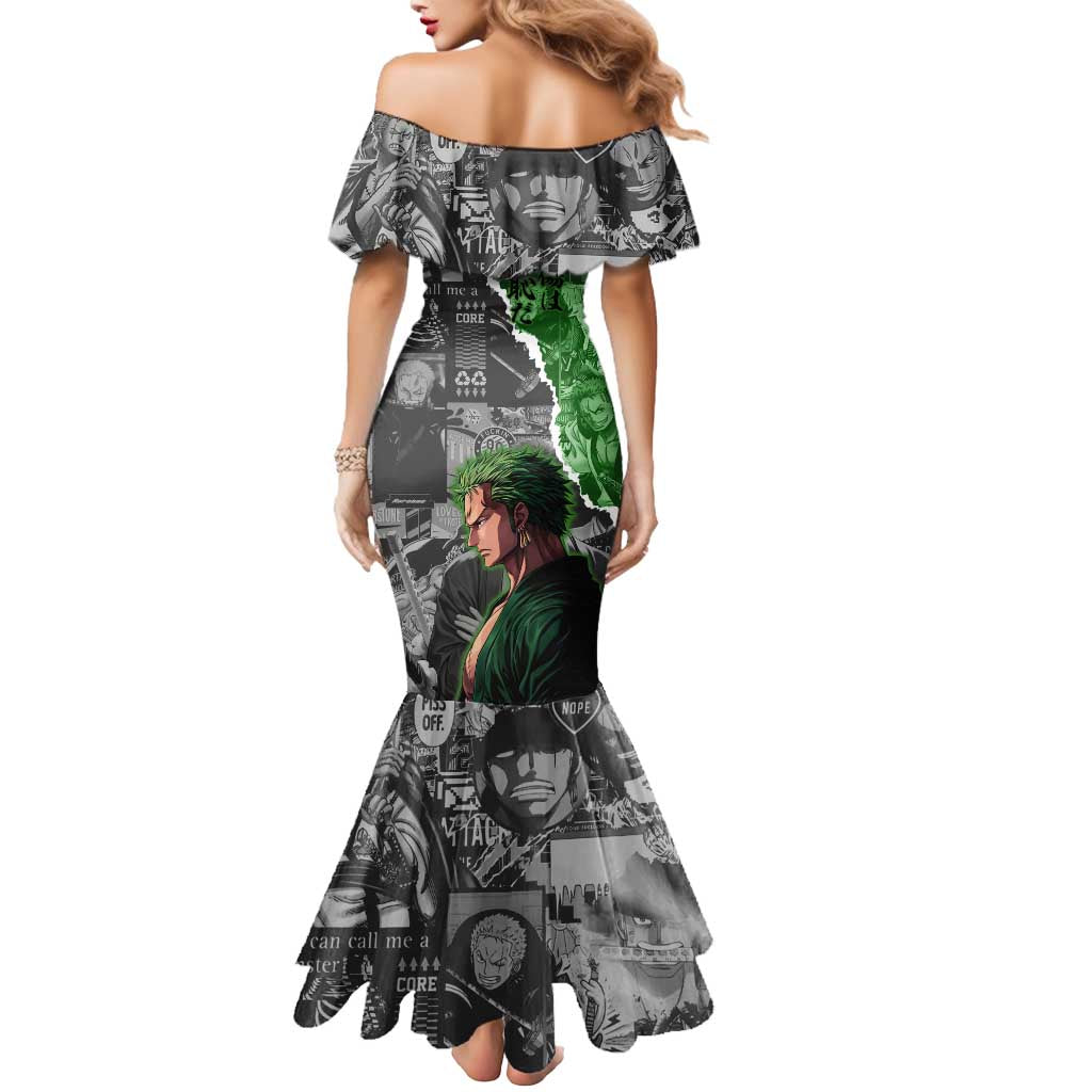 Zoro One Piece Green Theme Mermaid Dress with Manga Collage and Dual Portrait Swordmaster Design - The Mazicc