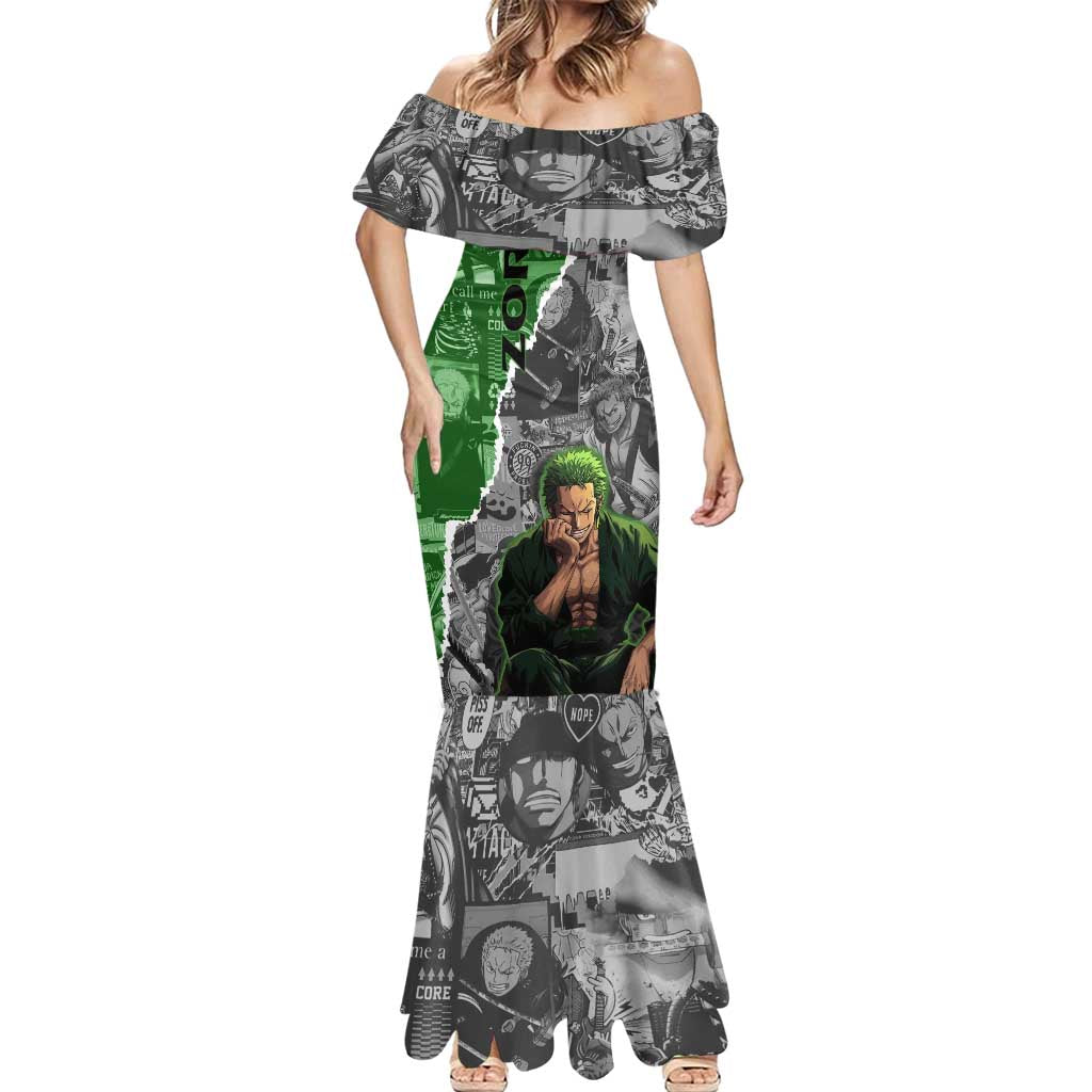 Zoro One Piece Green Theme Mermaid Dress with Manga Collage and Dual Portrait Swordmaster Design - The Mazicc