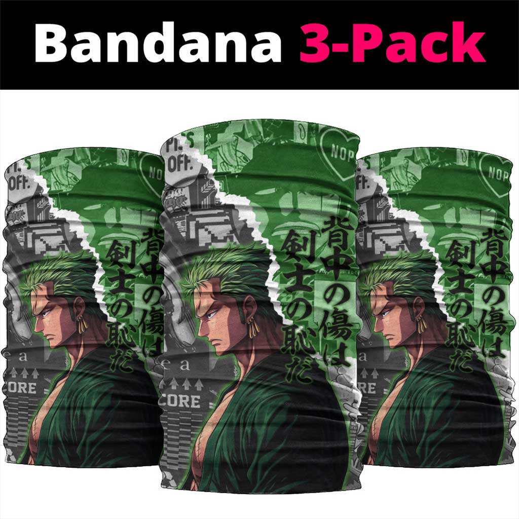 Zoro One Piece Green Theme Neck Gaiter with Manga Collage and Dual Portrait Swordmaster Design - The Mazicc