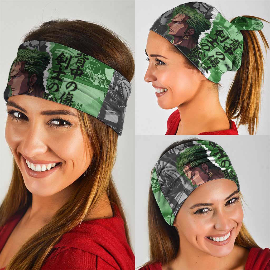 Zoro One Piece Green Theme Neck Gaiter with Manga Collage and Dual Portrait Swordmaster Design - The Mazicc