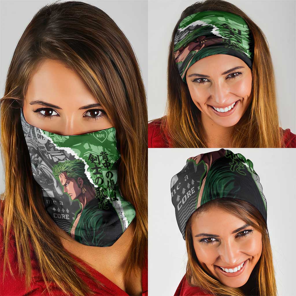 Zoro One Piece Green Theme Neck Gaiter with Manga Collage and Dual Portrait Swordmaster Design - The Mazicc