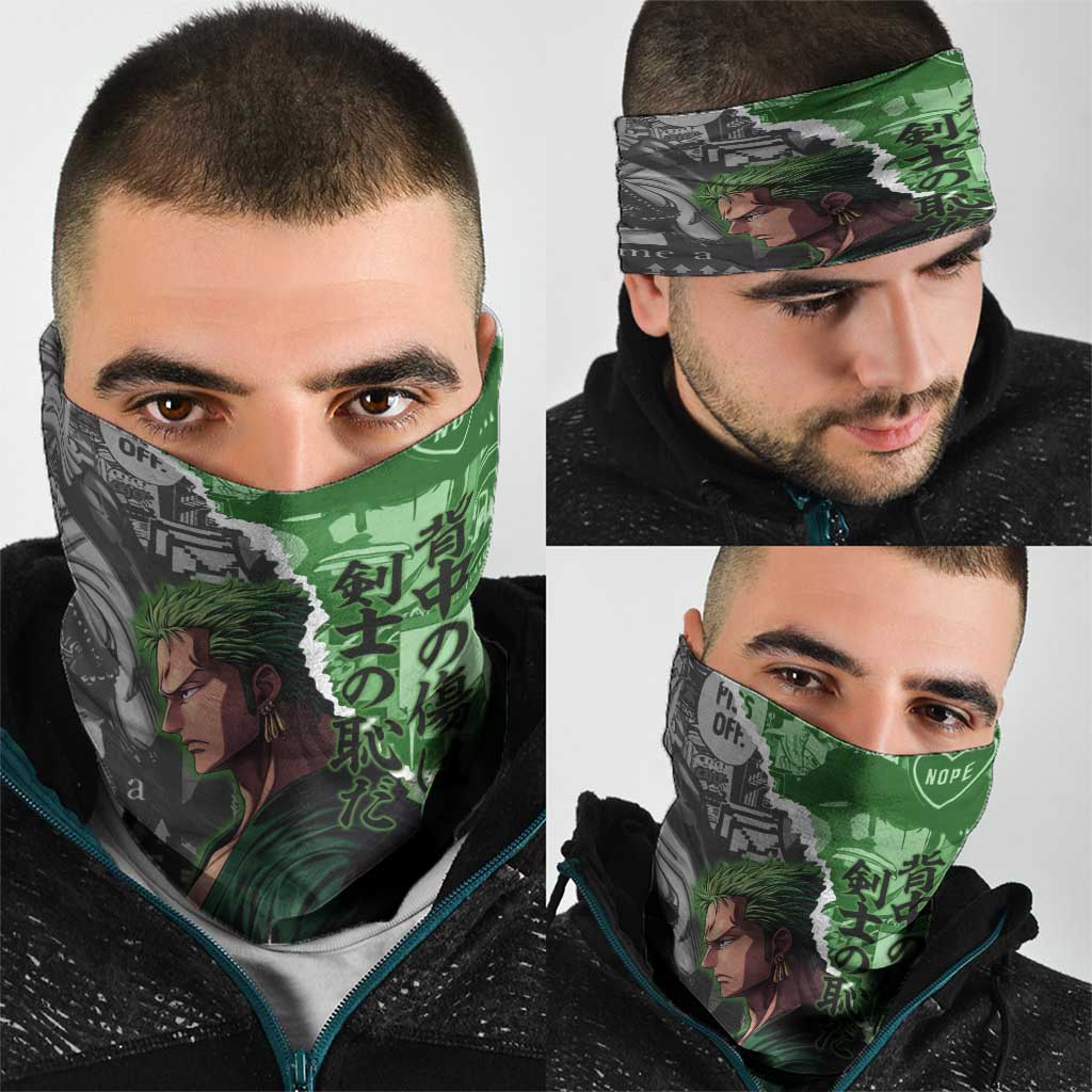 Zoro One Piece Green Theme Neck Gaiter with Manga Collage and Dual Portrait Swordmaster Design - The Mazicc