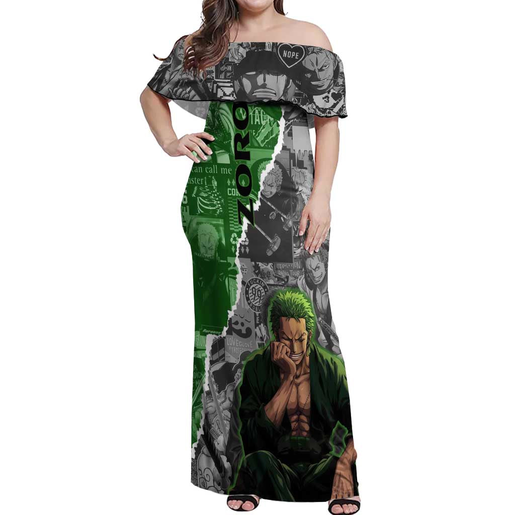 Zoro One Piece Green Theme Off Shoulder Maxi Dress with Manga Collage and Dual Portrait Swordmaster Design - The Mazicc