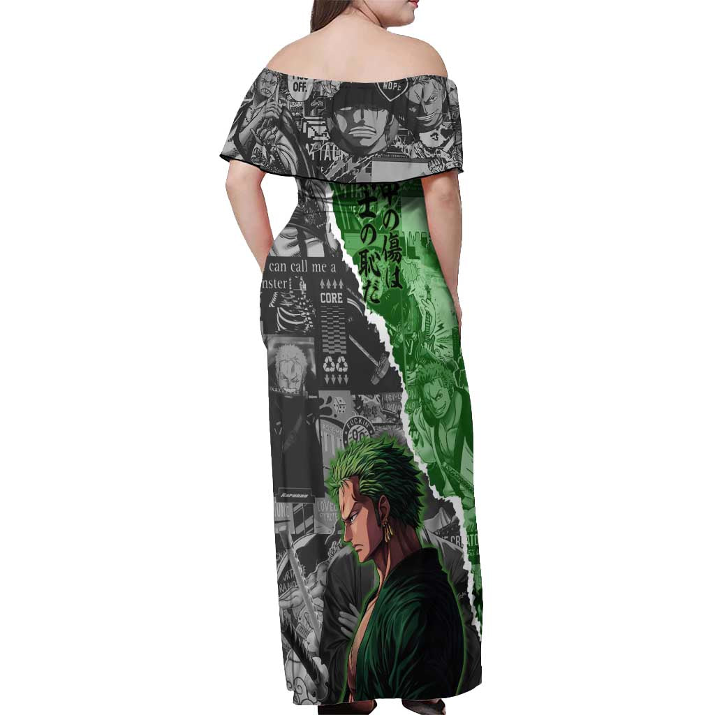 Zoro One Piece Green Theme Off Shoulder Maxi Dress with Manga Collage and Dual Portrait Swordmaster Design - The Mazicc