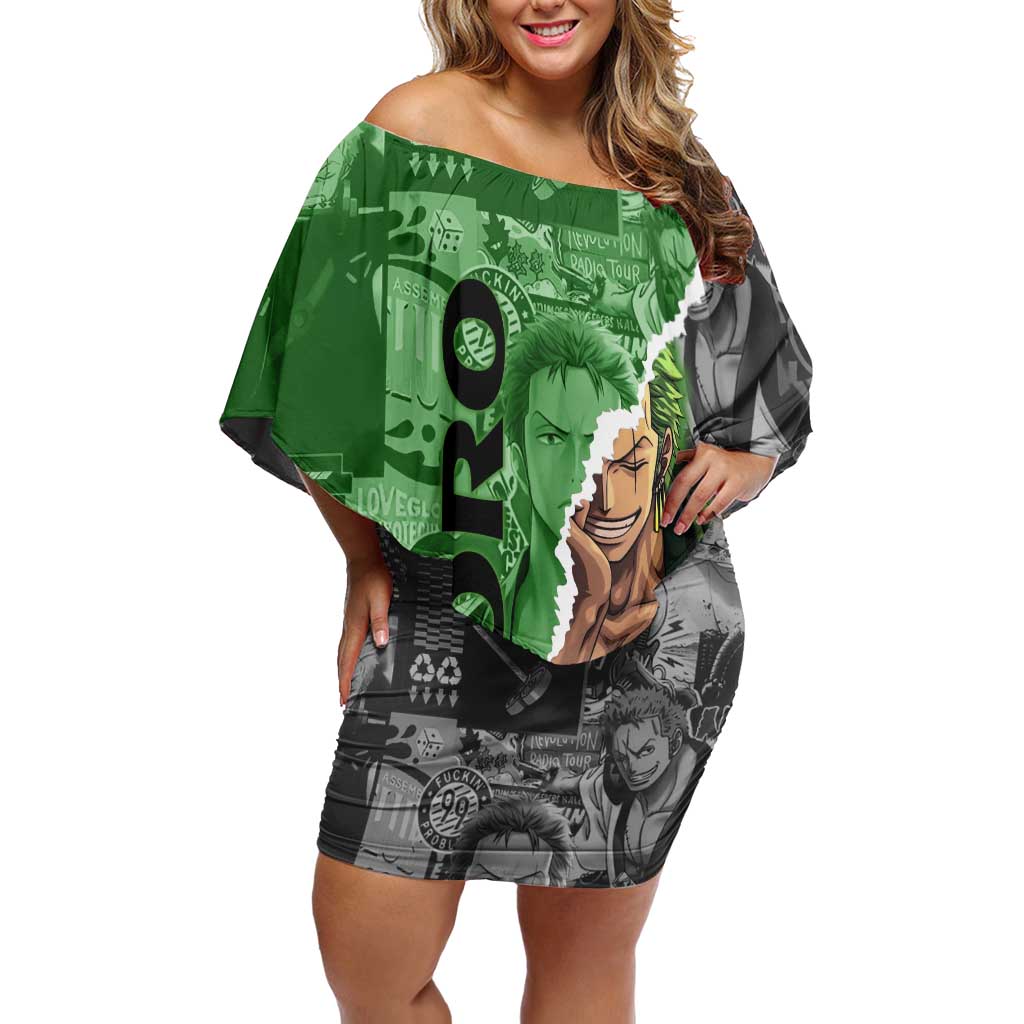 Zoro One Piece Green Theme Off Shoulder Short Dress with Manga Collage and Dual Portrait Swordmaster Design - The Mazicc