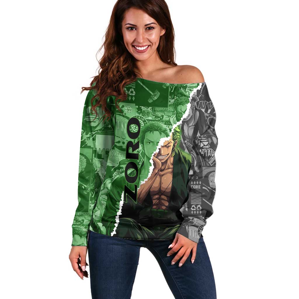 Zoro One Piece Green Theme Off Shoulder Sweater with Manga Collage and Dual Portrait Swordmaster Design - The Mazicc