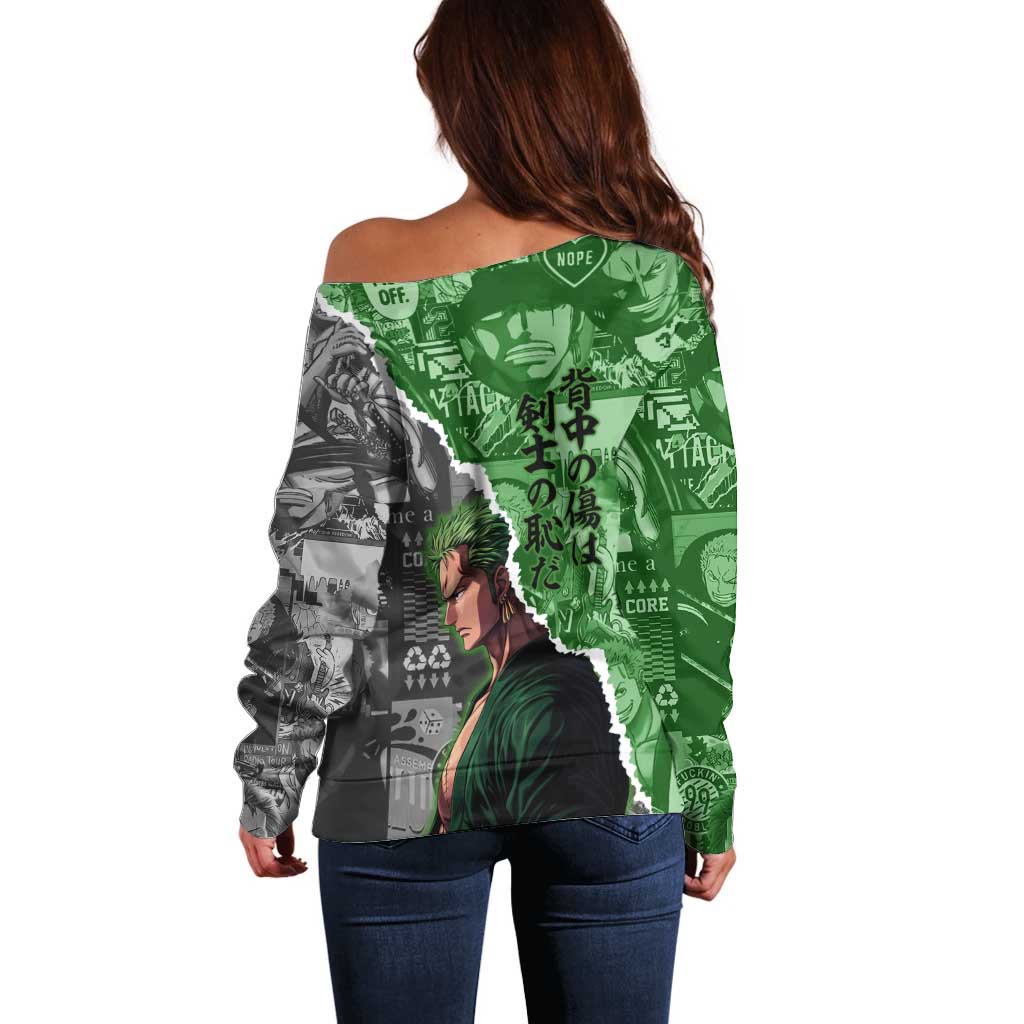 Zoro One Piece Green Theme Off Shoulder Sweater with Manga Collage and Dual Portrait Swordmaster Design - The Mazicc