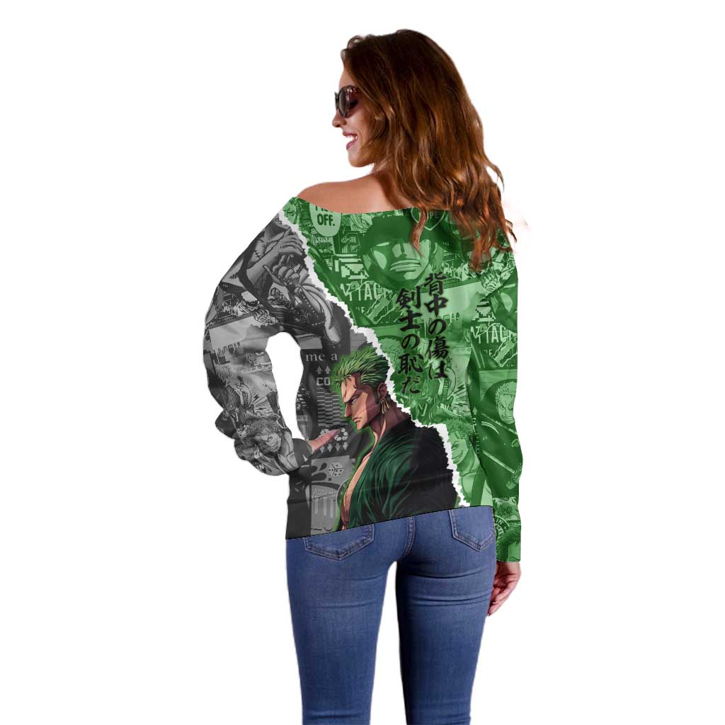 Zoro One Piece Green Theme Off Shoulder Sweater with Manga Collage and Dual Portrait Swordmaster Design - The Mazicc