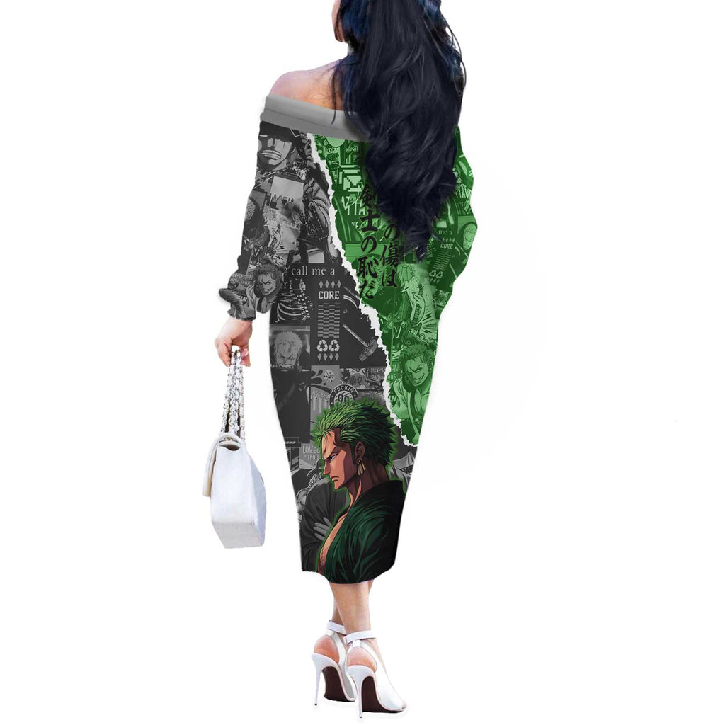 Zoro One Piece Green Theme Off The Shoulder Long Sleeve Dress with Manga Collage and Dual Portrait Swordmaster Design - The Mazicc
