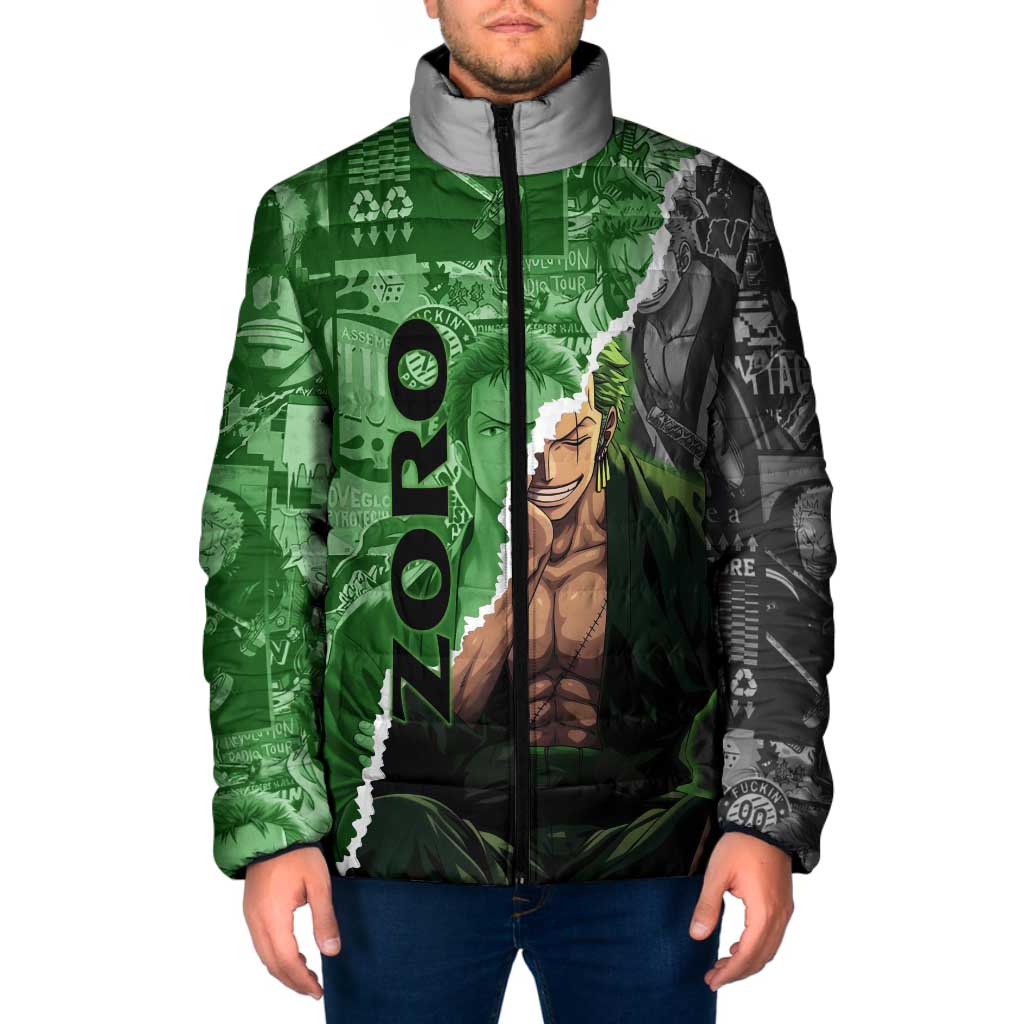 Zoro One Piece Green Theme Padded Jacket with Manga Collage and Dual Portrait Swordmaster Design - The Mazicc