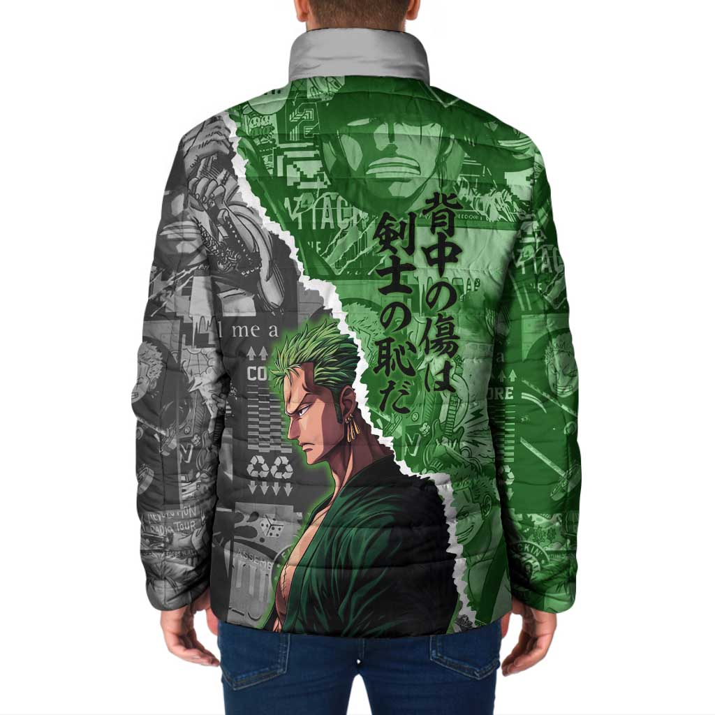 Zoro One Piece Green Theme Padded Jacket with Manga Collage and Dual Portrait Swordmaster Design - The Mazicc