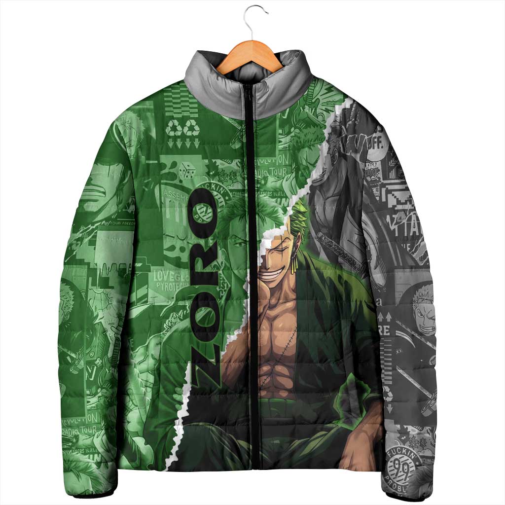 Zoro One Piece Green Theme Padded Jacket with Manga Collage and Dual Portrait Swordmaster Design - The Mazicc