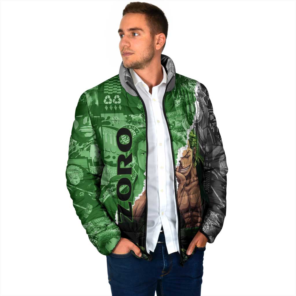 Zoro One Piece Green Theme Padded Jacket with Manga Collage and Dual Portrait Swordmaster Design - The Mazicc