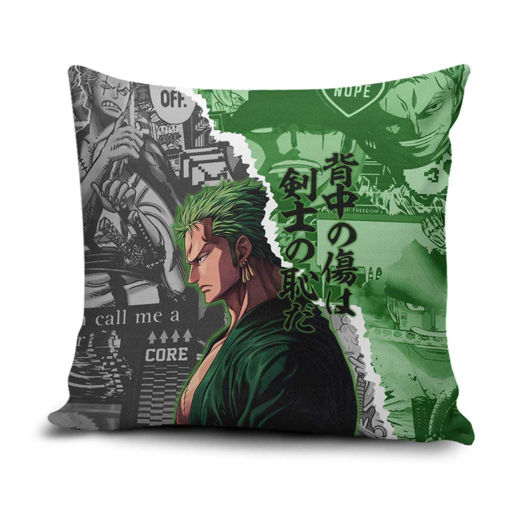 Zoro One Piece Green Theme Pillow Cover with Manga Collage and Dual Portrait Swordmaster Design - The Mazicc