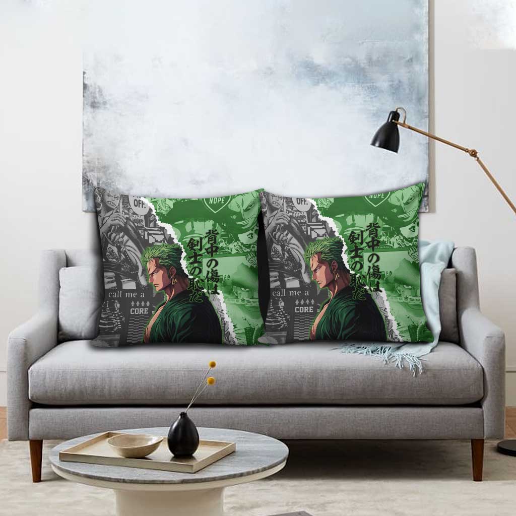 Zoro One Piece Green Theme Pillow Cover with Manga Collage and Dual Portrait Swordmaster Design - The Mazicc