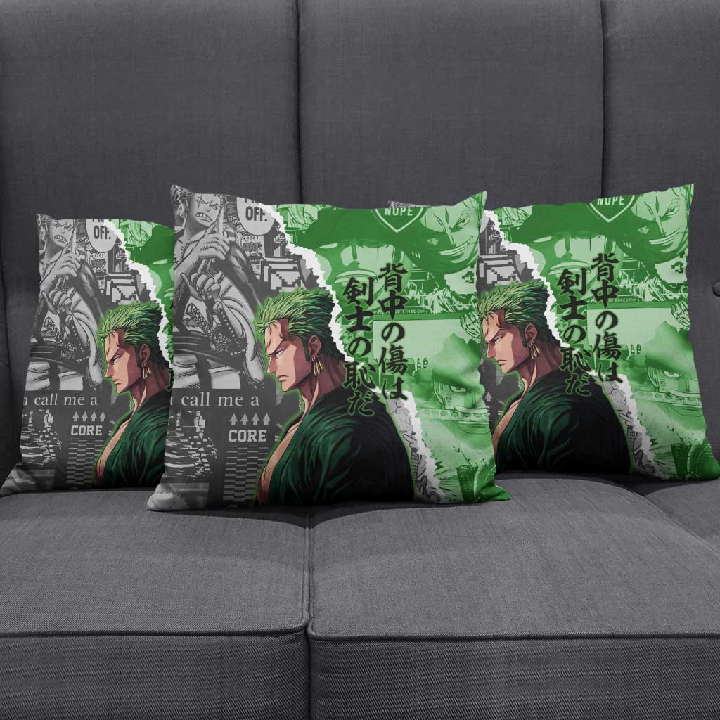 Zoro One Piece Green Theme Pillow Cover with Manga Collage and Dual Portrait Swordmaster Design - The Mazicc
