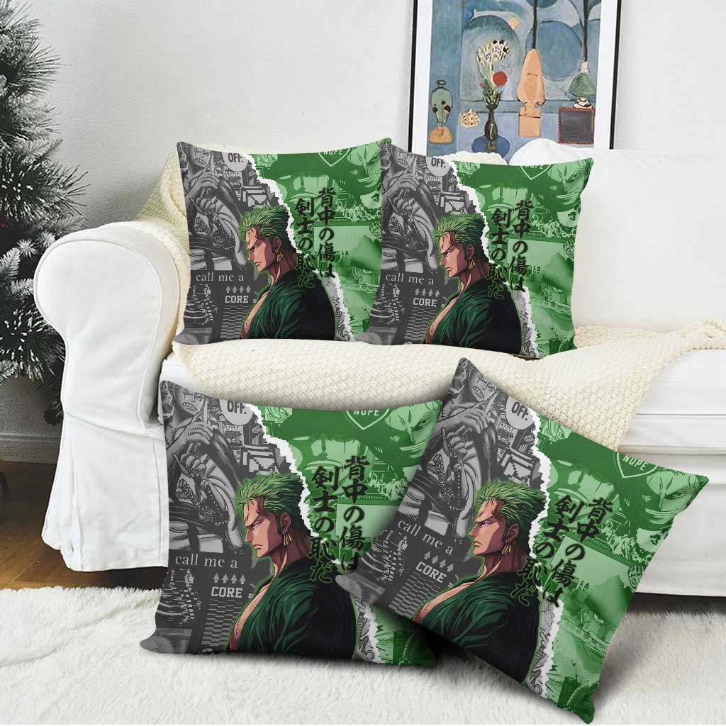 Zoro One Piece Green Theme Pillow Cover with Manga Collage and Dual Portrait Swordmaster Design - The Mazicc